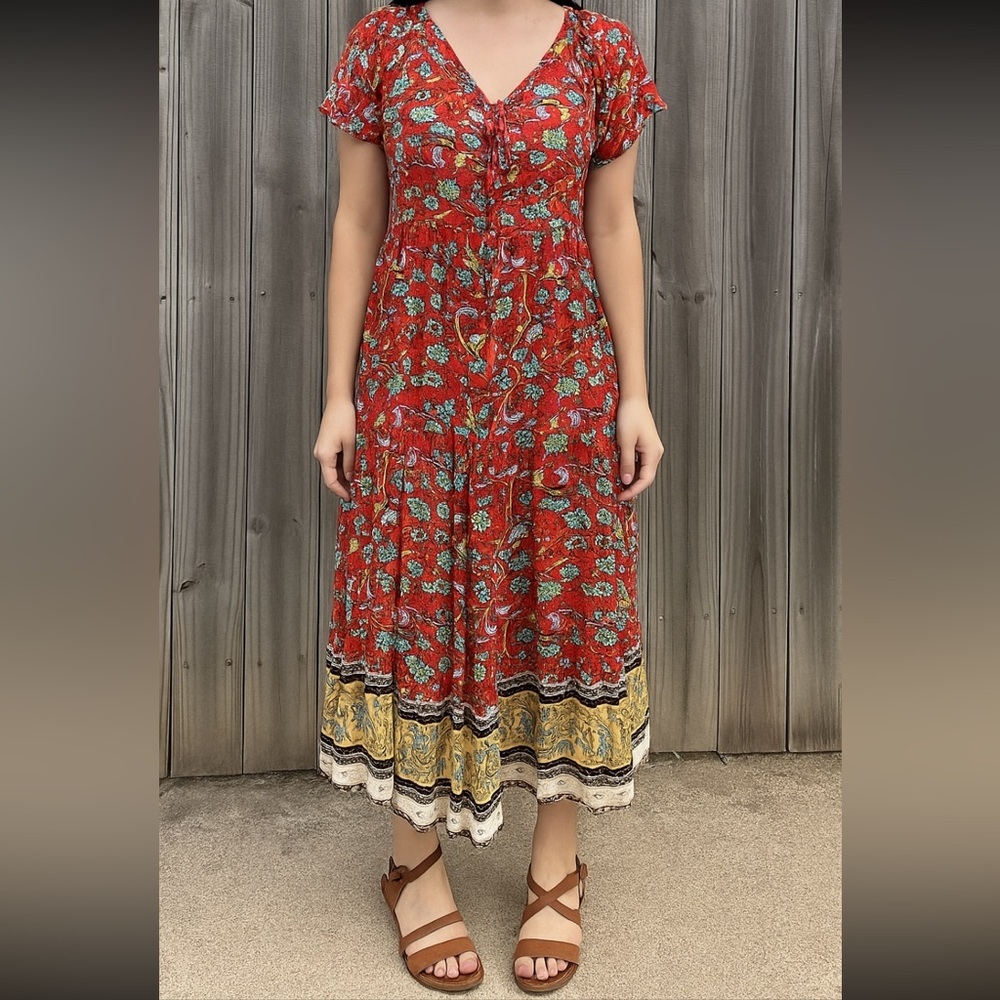 Prairie‎ style dress small cottagecore floral print dress vneck tie waist